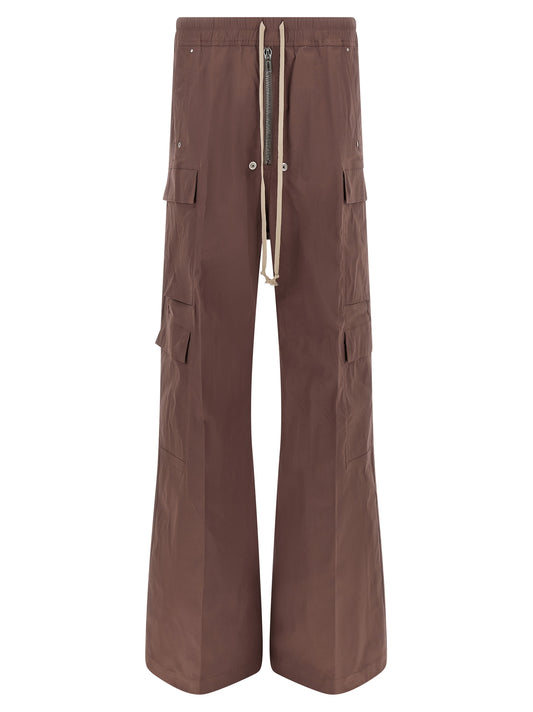 Cargo Pants by Rick Owens for men in stretch cotton canvas brown & silver features a sartorial silhouette, showcasing a sophisticated flared & wide with a refined long and elegant .