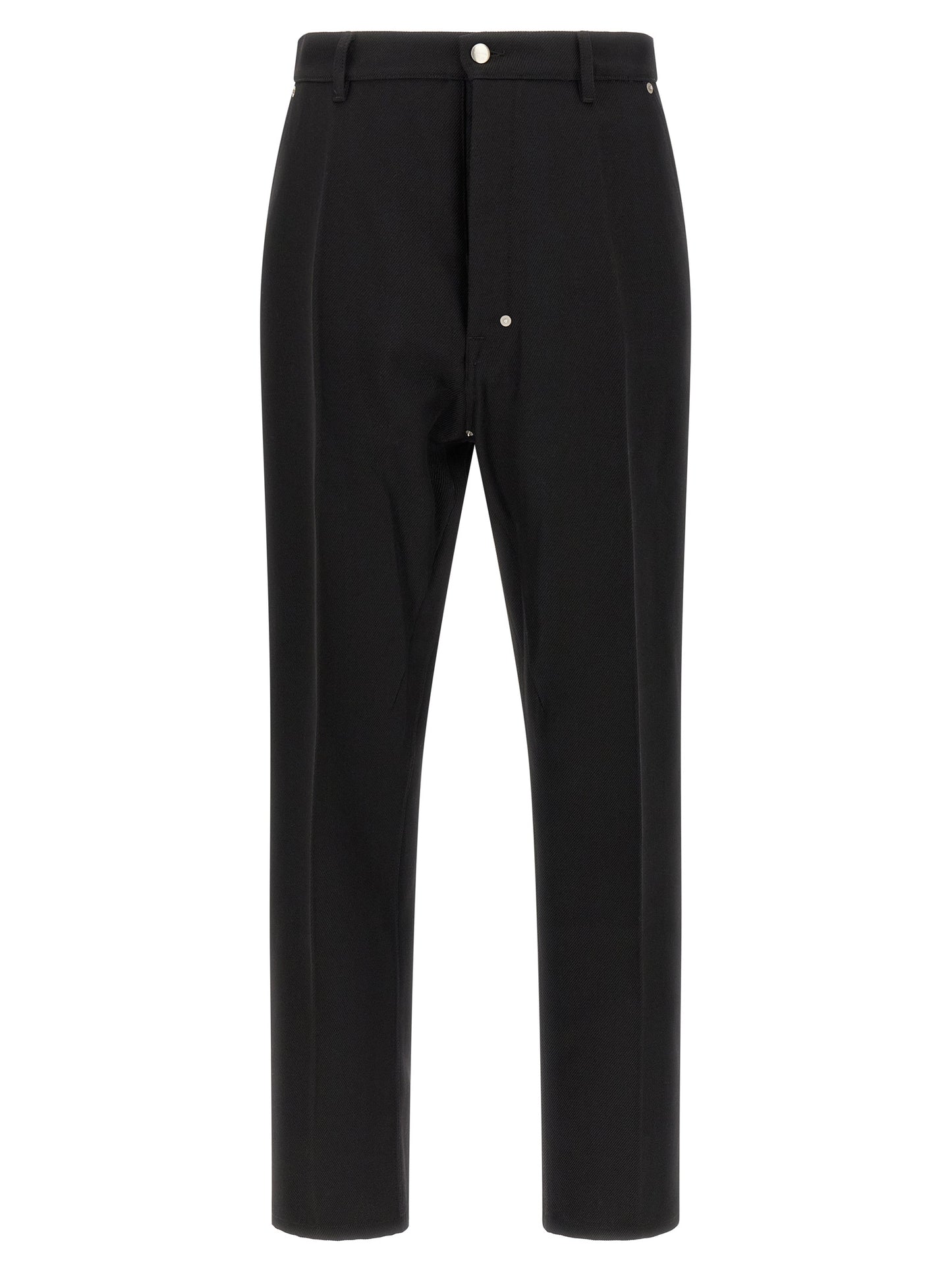 Trousers by Rick Owens for men in cotton black & silver features an sartorial silhouette, showcasing a precise straight-leg and long with a sartorial for a refined look.