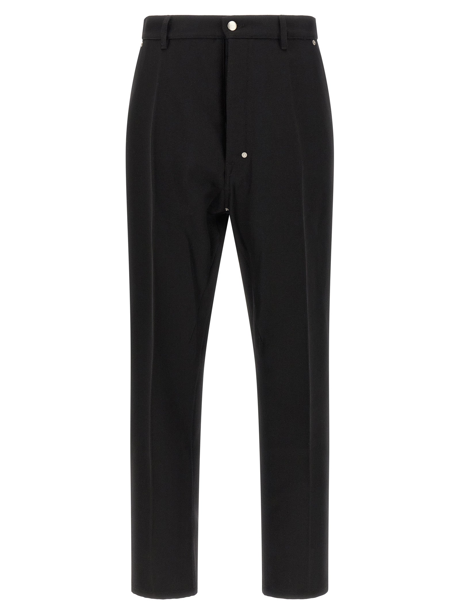 Trousers by Rick Owens for men in cotton black & silver features an sartorial silhouette, showcasing a precise straight-leg and long with a sartorial for a refined look.