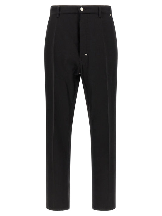 Trousers by Rick Owens for men in cotton black & silver features an sartorial silhouette, showcasing a precise straight-leg and long with a sartorial for a refined look.