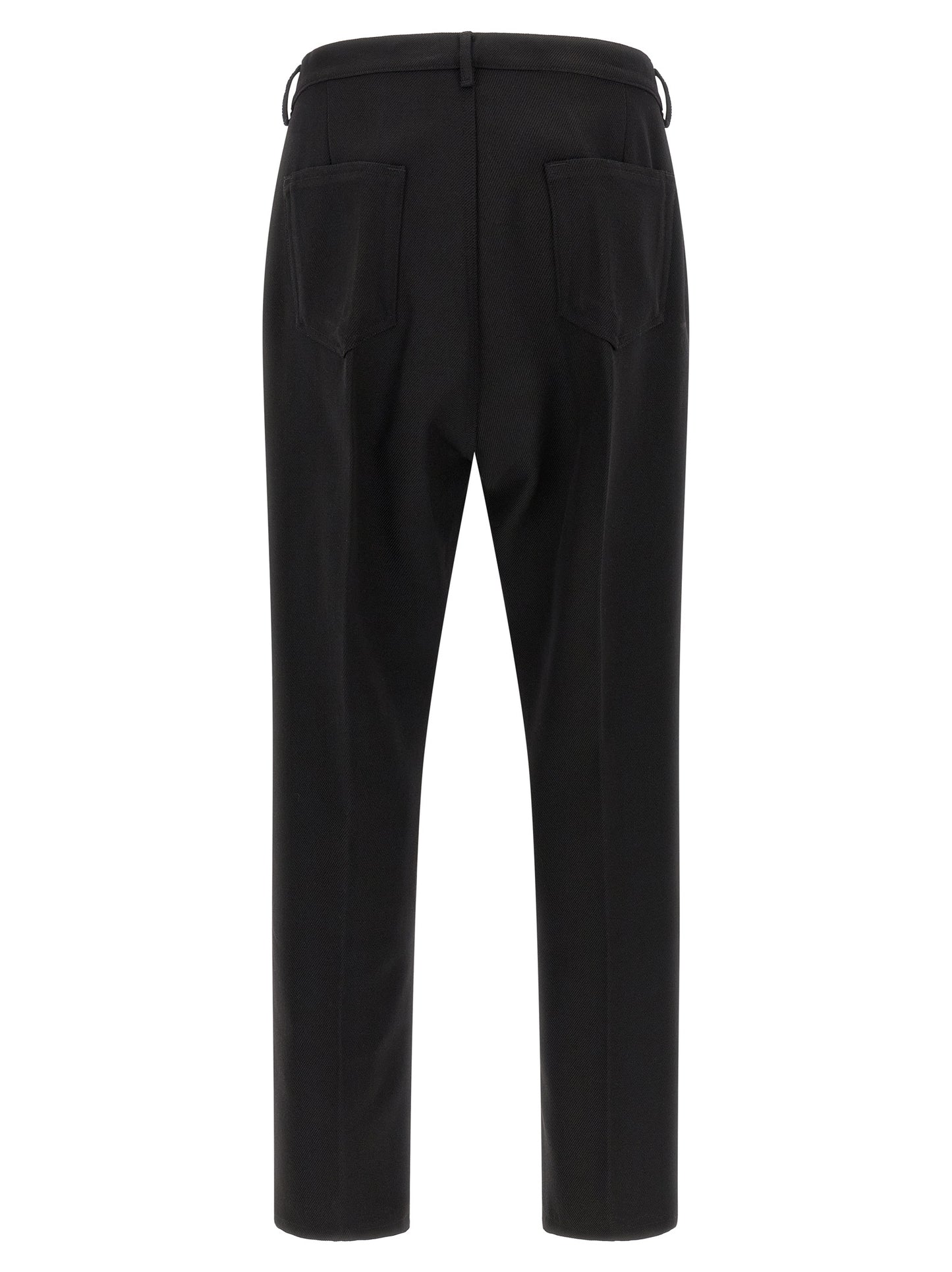 Trousers by Rick Owens for men in cotton black & silver features an sartorial silhouette, showcasing a precise straight-leg and long with a sartorial for a refined look.