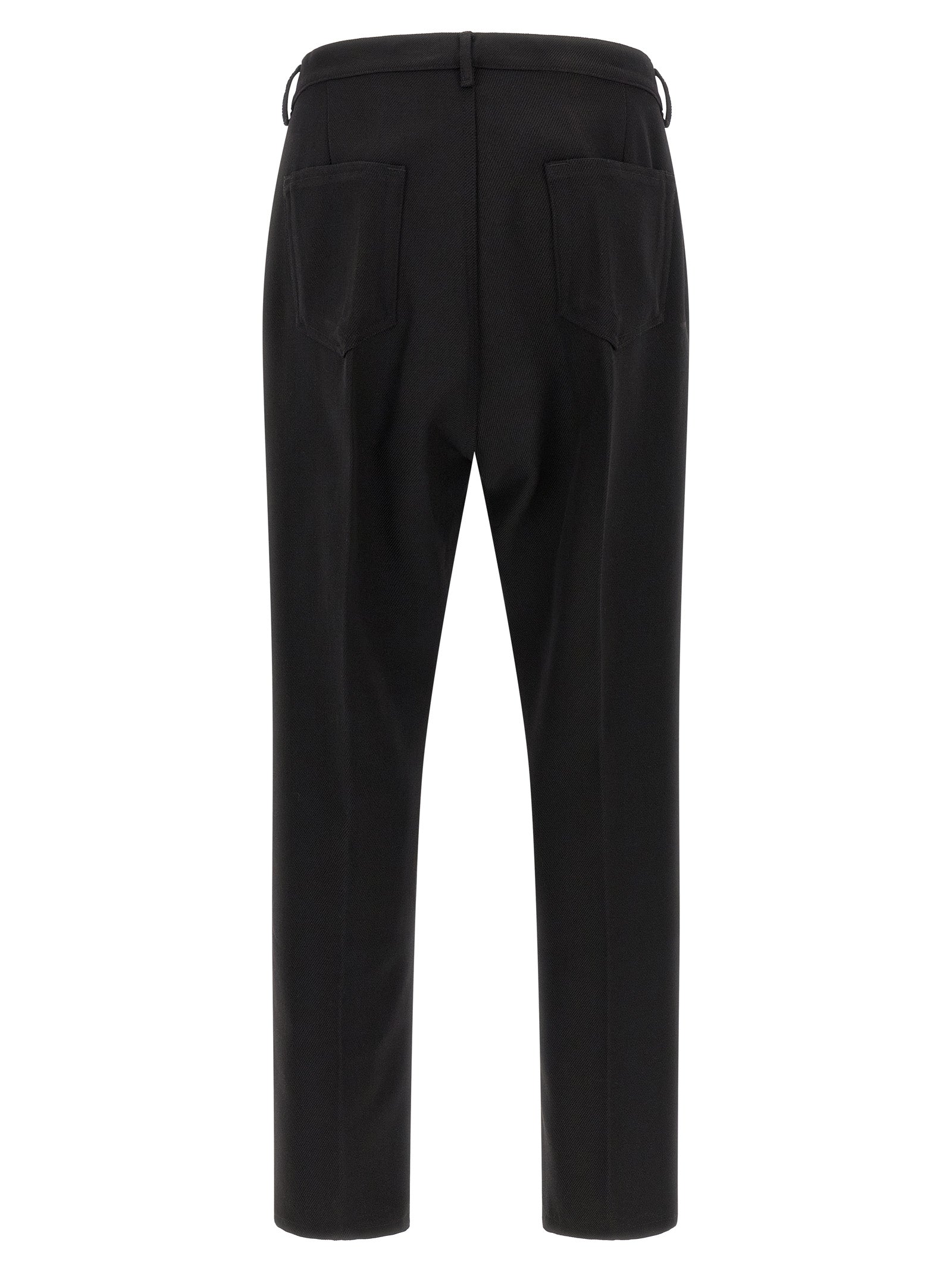 Trousers by Rick Owens for men in cotton black & silver features an sartorial silhouette, showcasing a precise straight-leg and long with a sartorial for a refined look.