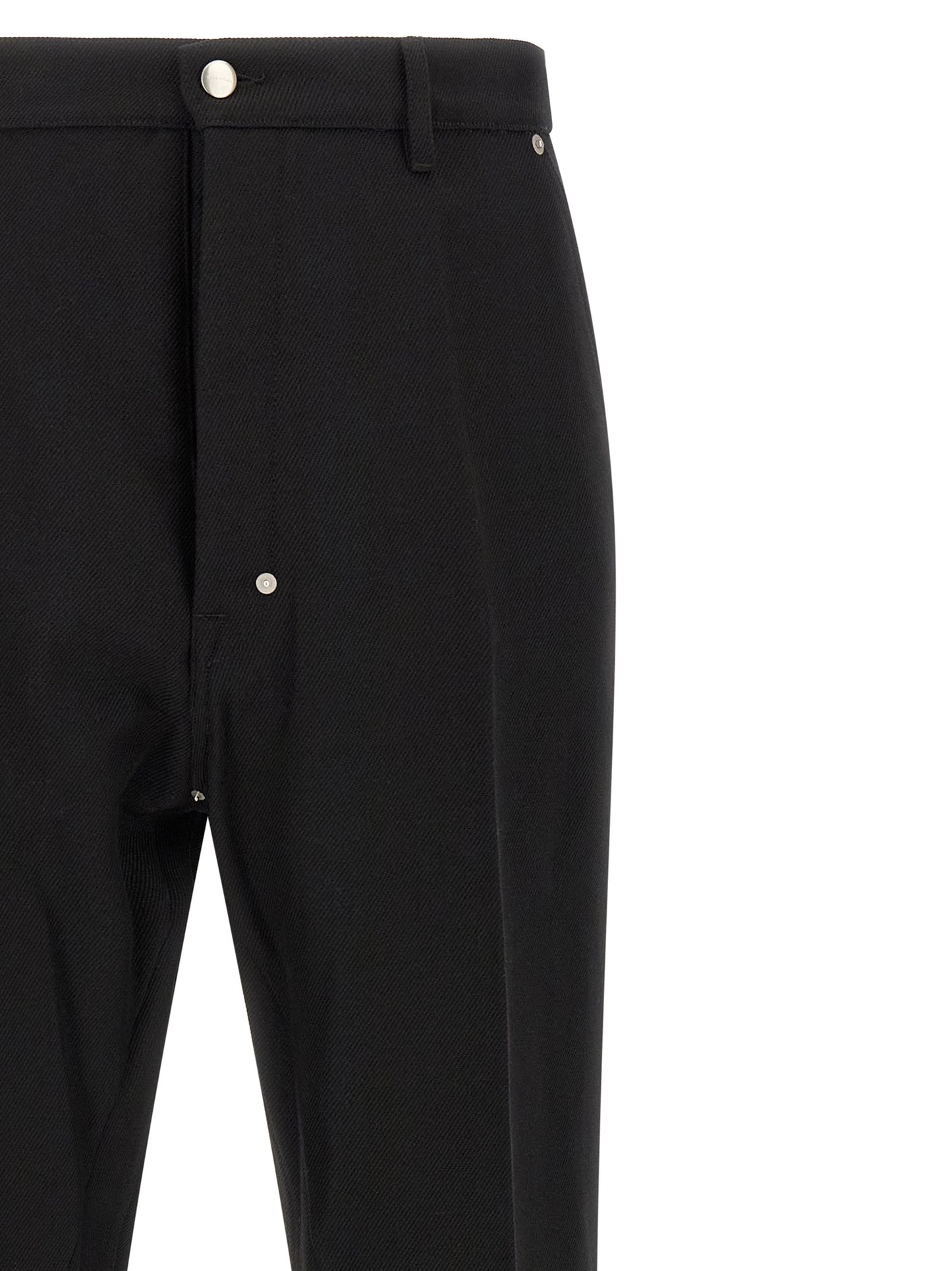 Trousers by Rick Owens for men in cotton black & silver features a tailored silhouette with a tailored straight-leg, defined by its long and a sophisticated .
