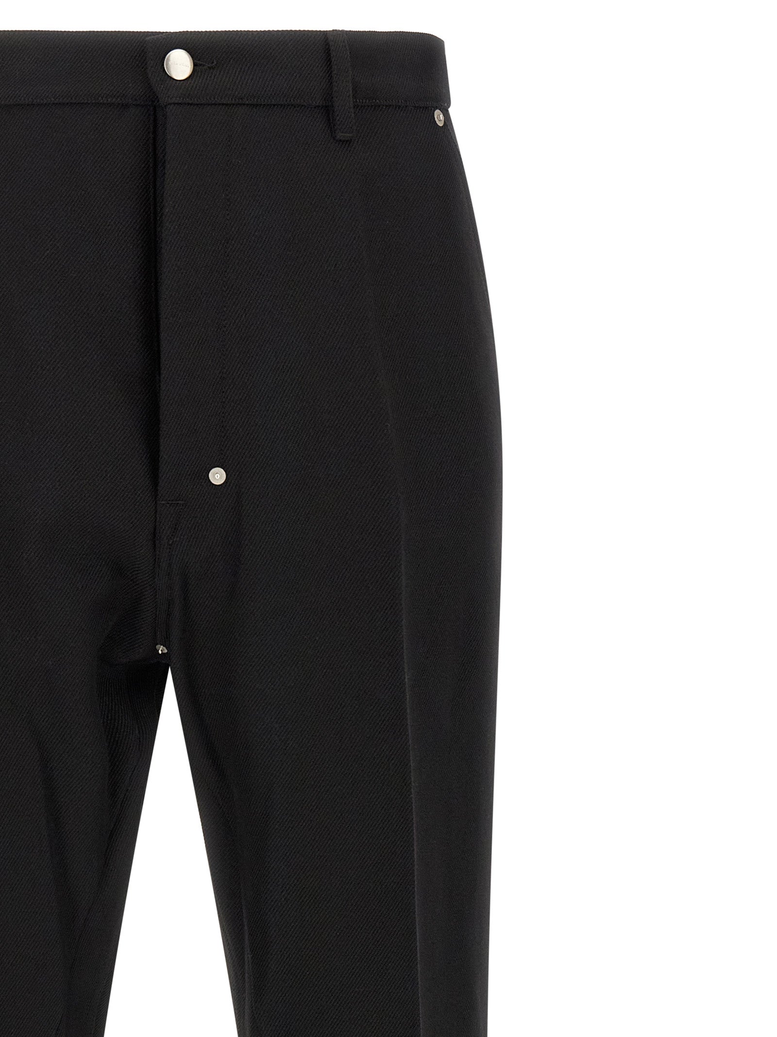 Trousers by Rick Owens for men in cotton black & silver features a tailored silhouette with a tailored straight-leg, defined by its long and a sophisticated .