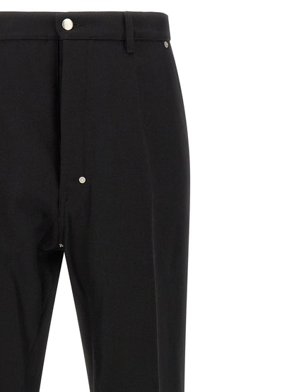 Trousers by Rick Owens for men in cotton black & silver features a tailored silhouette with a tailored straight-leg, defined by its long and a sophisticated .