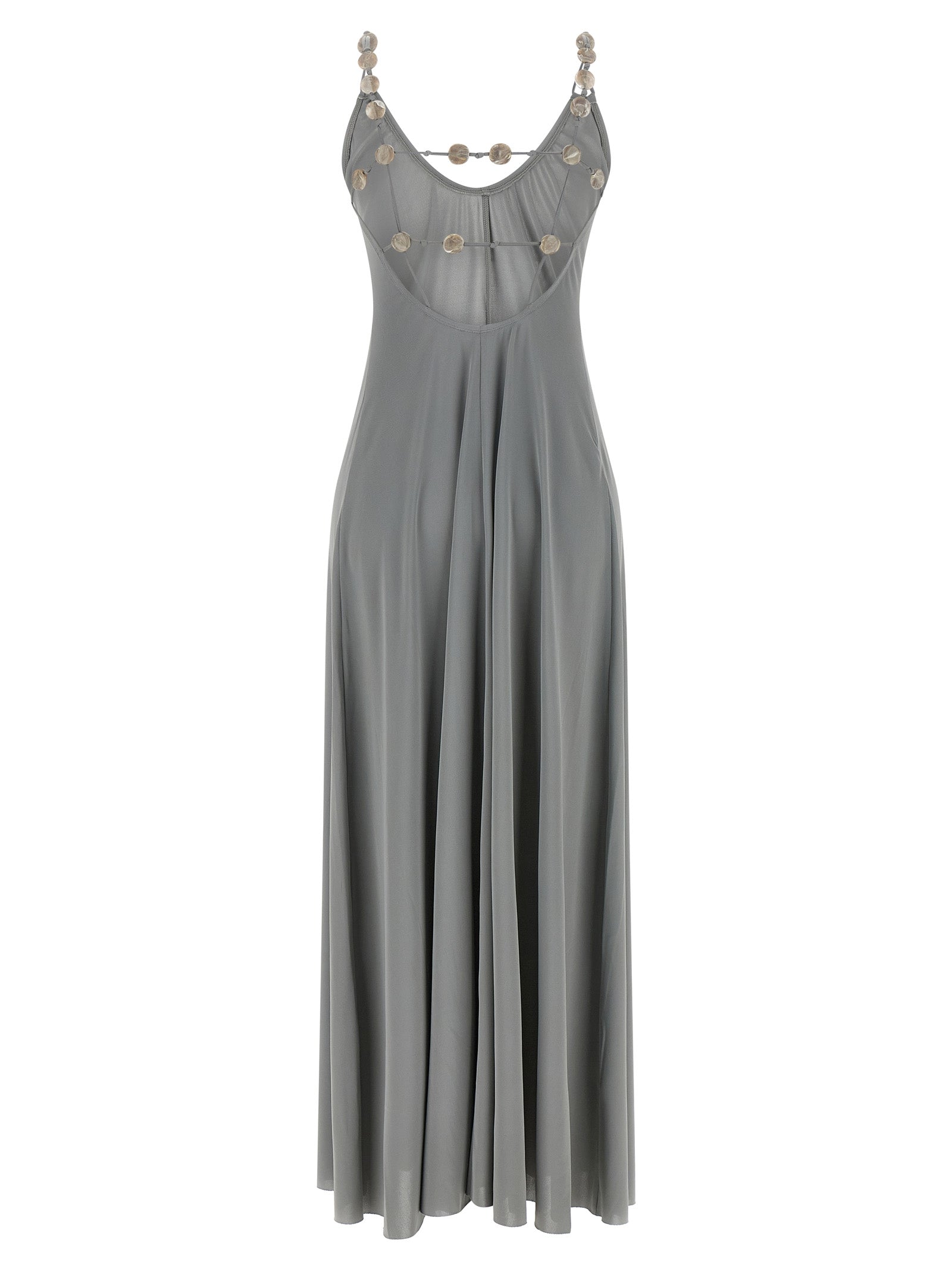 Dress by Eres for women in stretch polyamide silver features a dramatic silhouette, showcasing an elegant v-neck neckline and that flows into a dramatic long.
