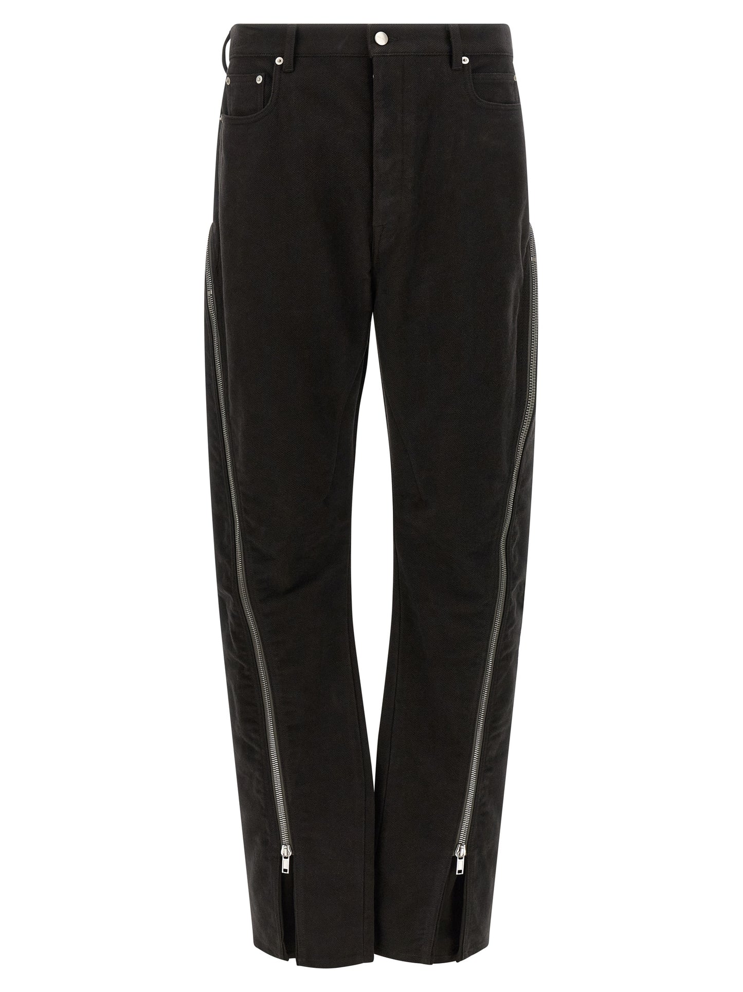 Trousers by Rick Owens for men in cotton black & silver features an on trend silhouette, showcasing a sophisticated flared with a long and for an on trend finish.