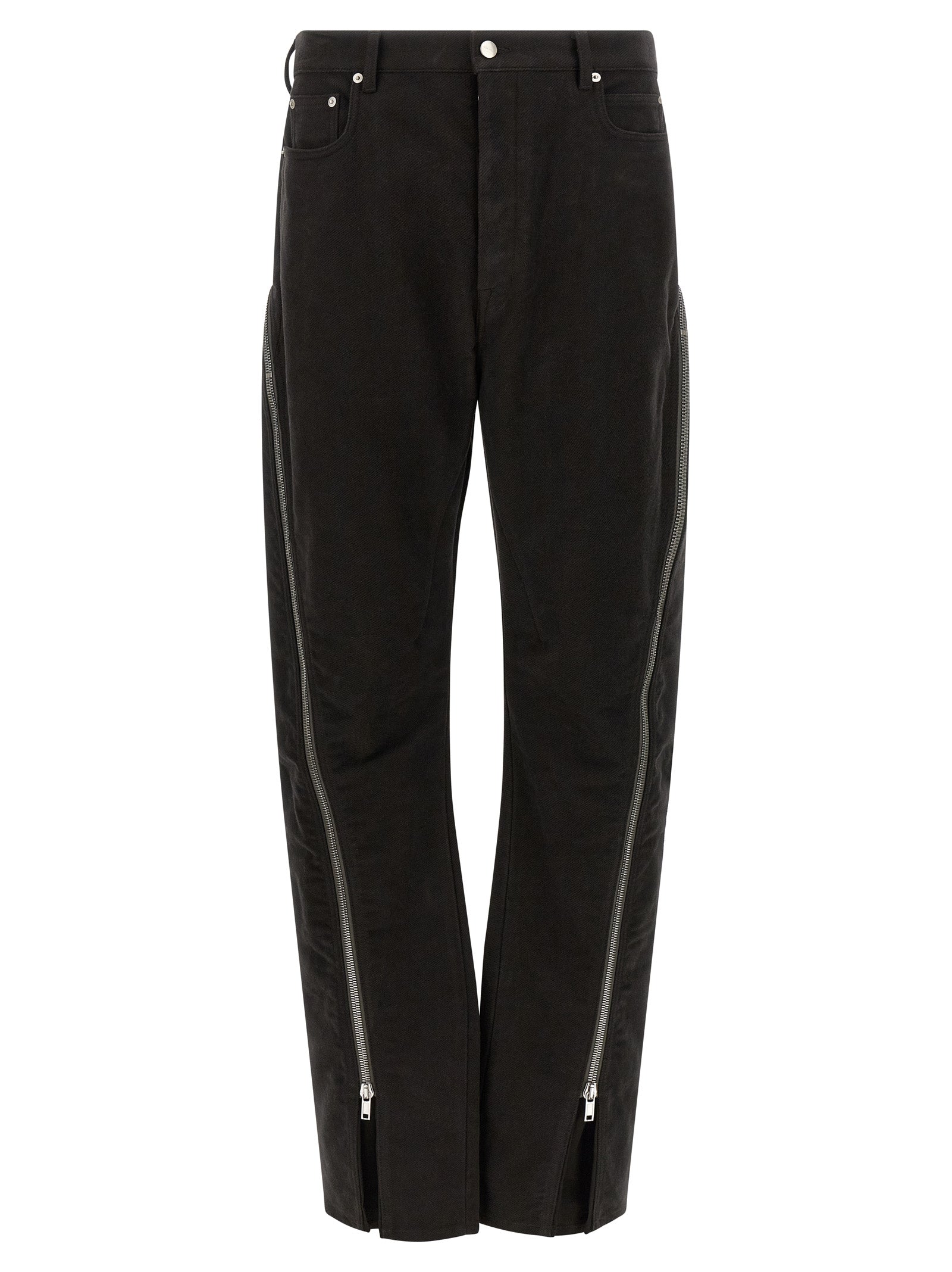 Trousers by Rick Owens for men in cotton black & silver features an on trend silhouette, showcasing a sophisticated flared with a long and for an on trend finish.
