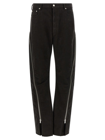 Trousers by Rick Owens for men in cotton black & silver features an on trend silhouette, showcasing a sophisticated flared with a long and for an on trend finish.