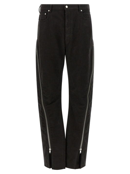 Trousers by Rick Owens for men in cotton black & silver features an on trend silhouette, showcasing a sophisticated flared with a long and for an on trend finish.