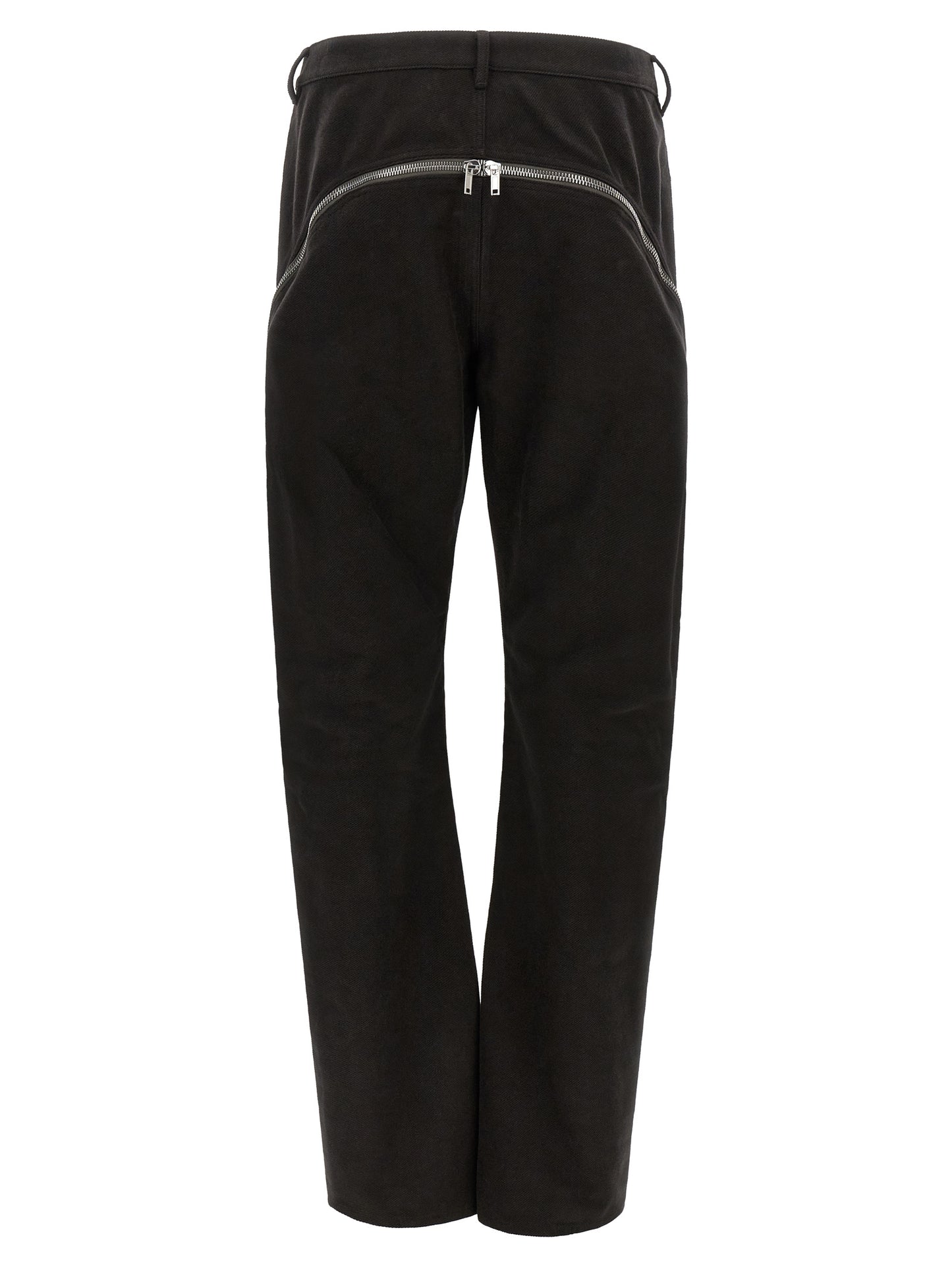 Trousers by Rick Owens for men in cotton black & silver features an sartorial silhouette, showcasing a precise flared and long with a sartorial for a refined look.