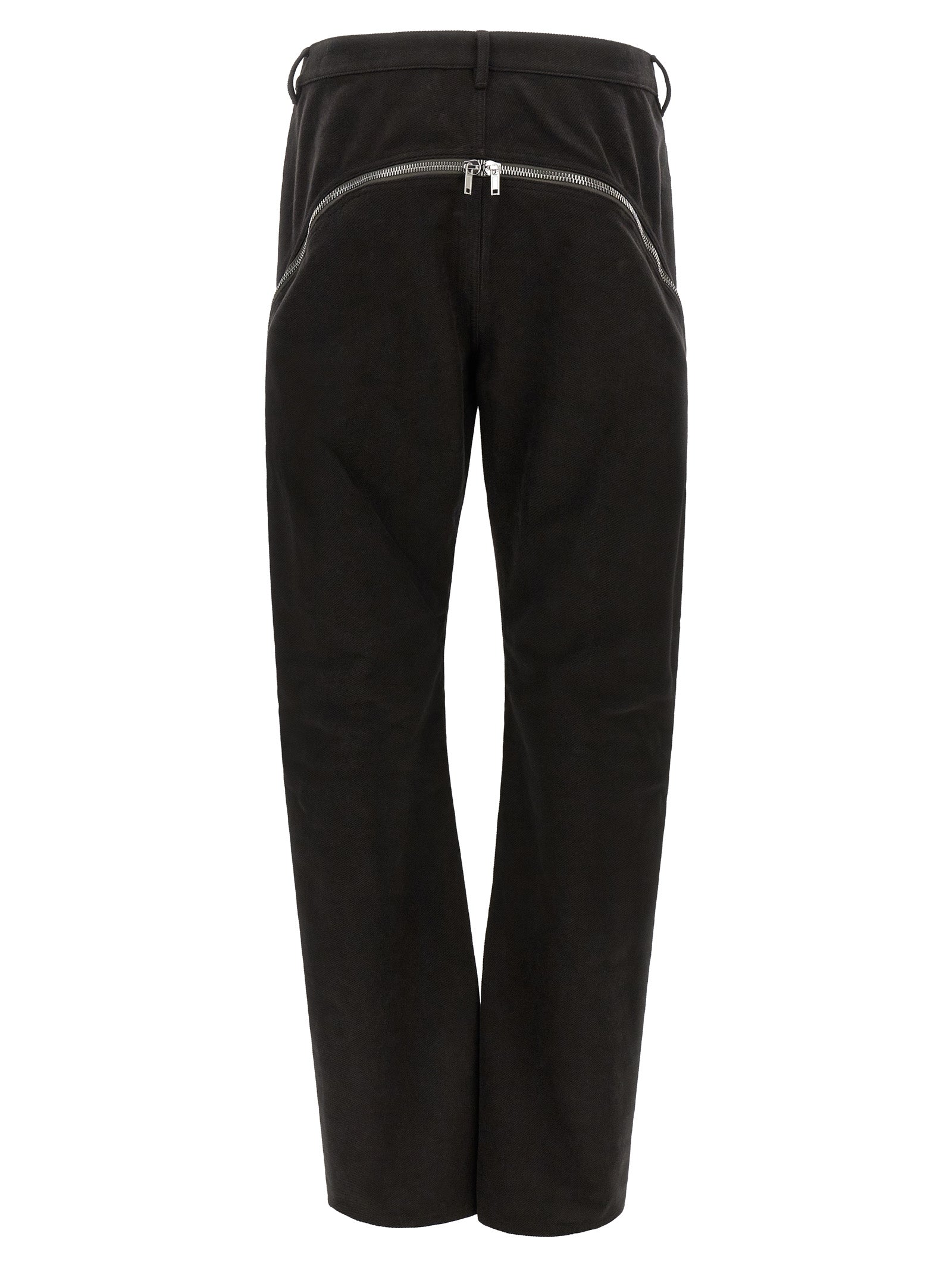 Trousers by Rick Owens for men in cotton black & silver features an sartorial silhouette, showcasing a precise flared and long with a sartorial for a refined look.