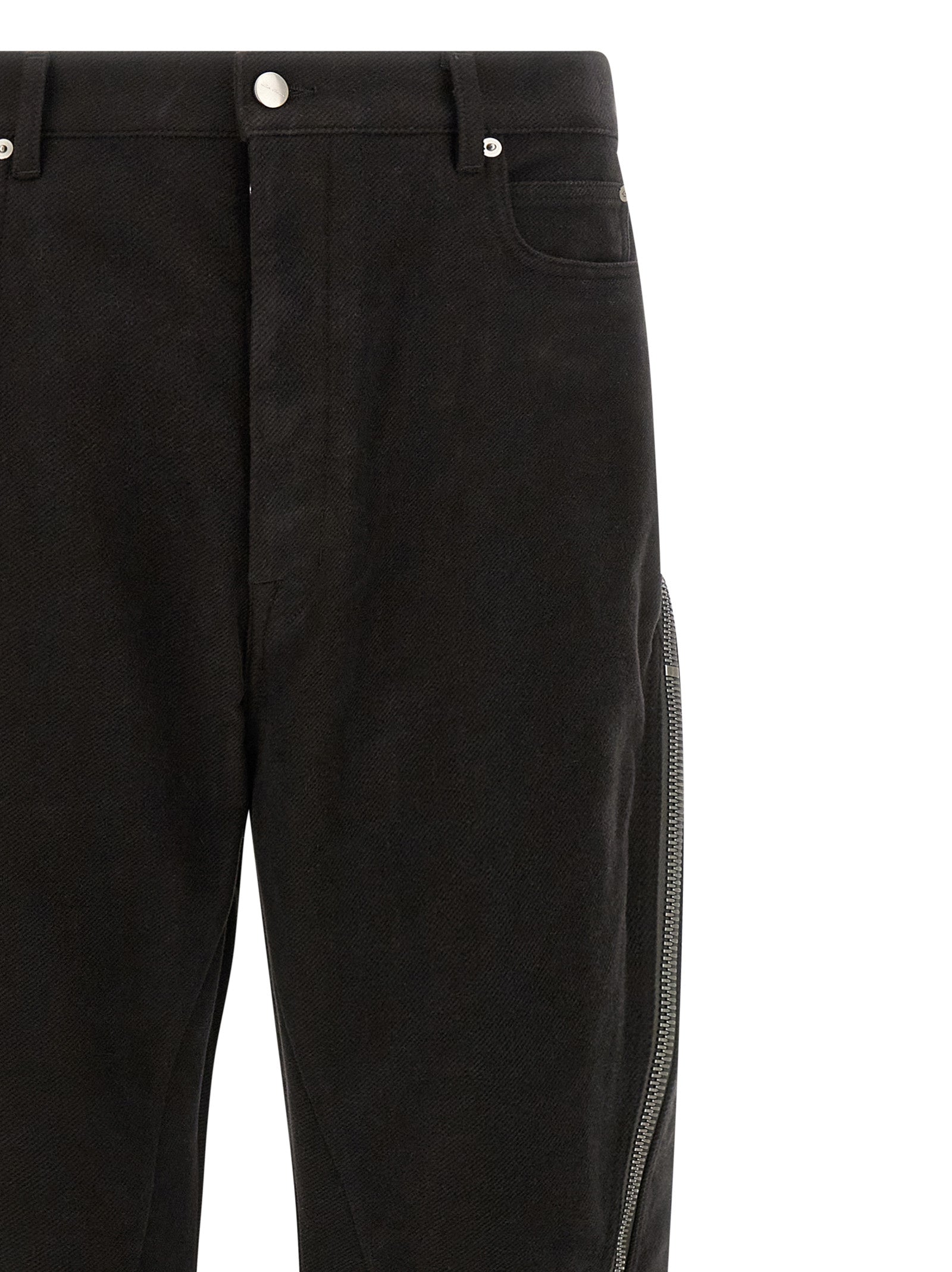 Trousers by Rick Owens for men in cotton black & silver features a sculptural silhouette, showcasing a sculptural flared and long with a sophisticated for a sculptural finish.