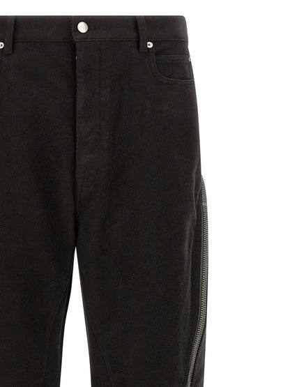 Trousers by Rick Owens for men in cotton black & silver features a sculptural silhouette, showcasing a sculptural flared and long with a sophisticated for a sculptural finish.