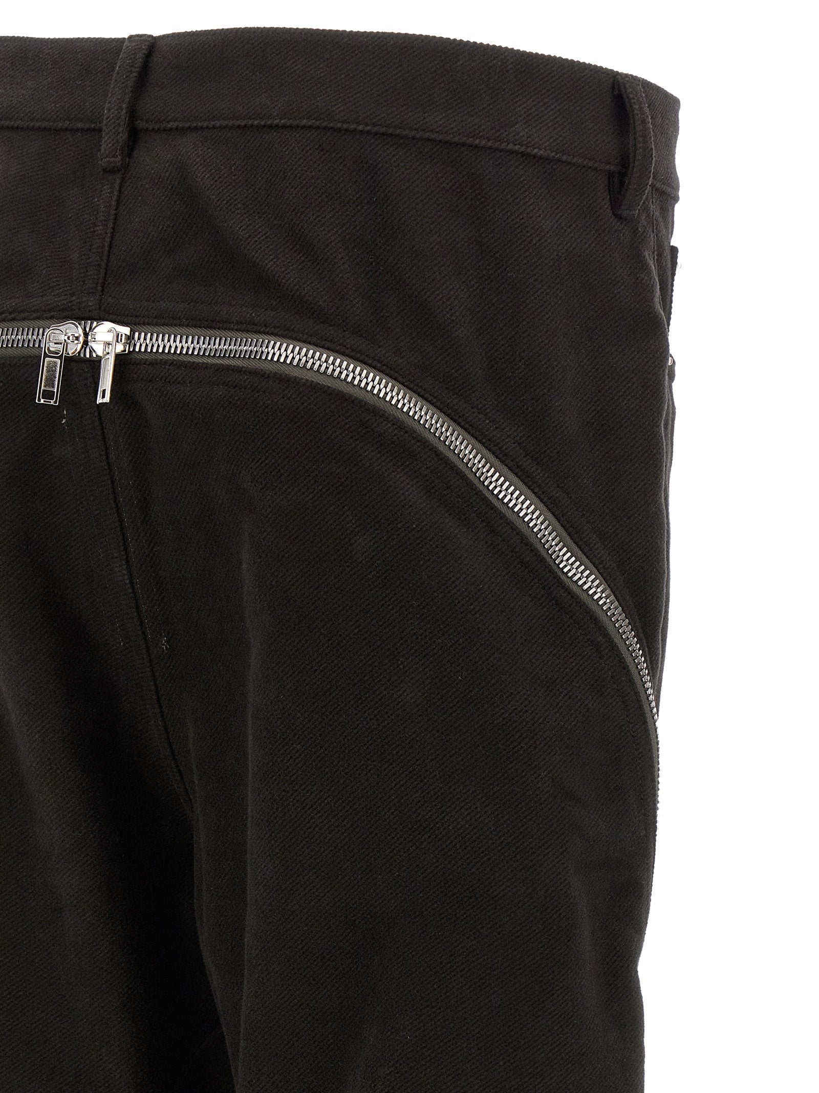 Trousers by Rick Owens for men in cotton black & silver features a tailored silhouette with a tailored flared, defined by its long and a sophisticated .