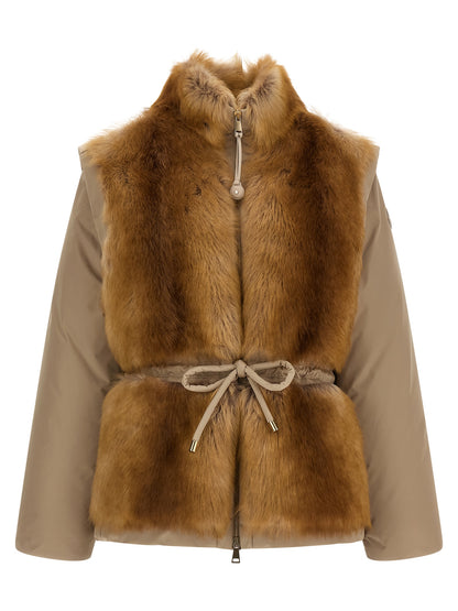 Jacket by Moncler for women in polyester beige & signature showcases a enveloping silhouette, artfully detailed with a enveloping high-neck neckline and premium insulated for a truly enveloping finish.