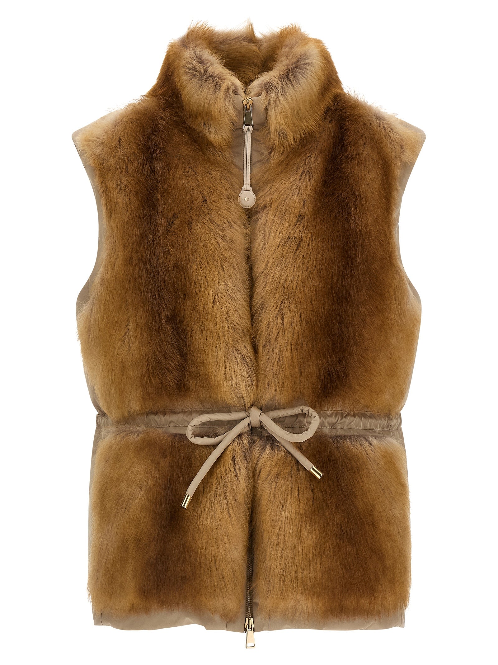 Jacket by Moncler for women in polyester beige & signature features an utilitarian silhouette with a refined high-neck neckline, showcasing sophisticated insulated for an utilitarian aesthetic.