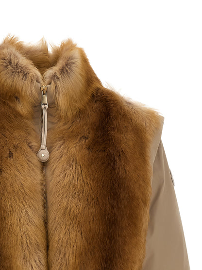 Jacket by Moncler for women in polyester beige & signature showcases a contemporary silhouette, detailed with a contemporary high-neck neckline and premium insulated for a sophisticated finish.