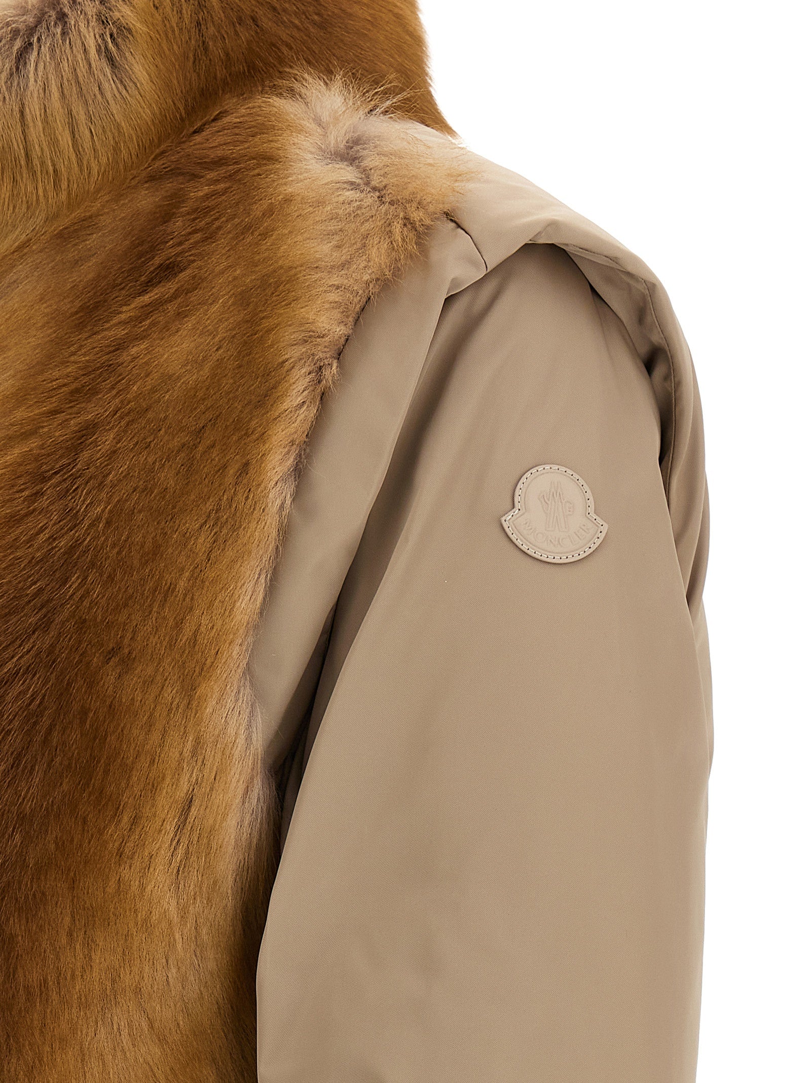 Jacket by Moncler for women in polyester beige & signature showcases a contemporary silhouette, detailed with a contemporary and premium insulated for a sophisticated finish.