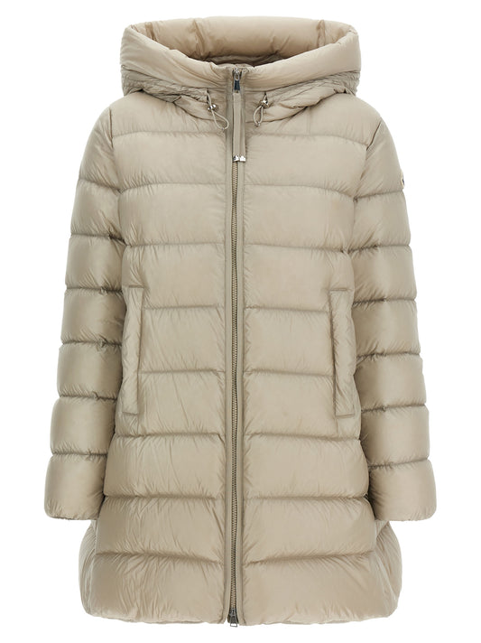 Hooded Puffer Jacket by Moncler for women in polyamide beige & signature showcases a bohemian silhouette, artfully detailed with a bohemian hooded high-neck neckline and signature lightweight, hooded & insulated for a truly bohemian finish.