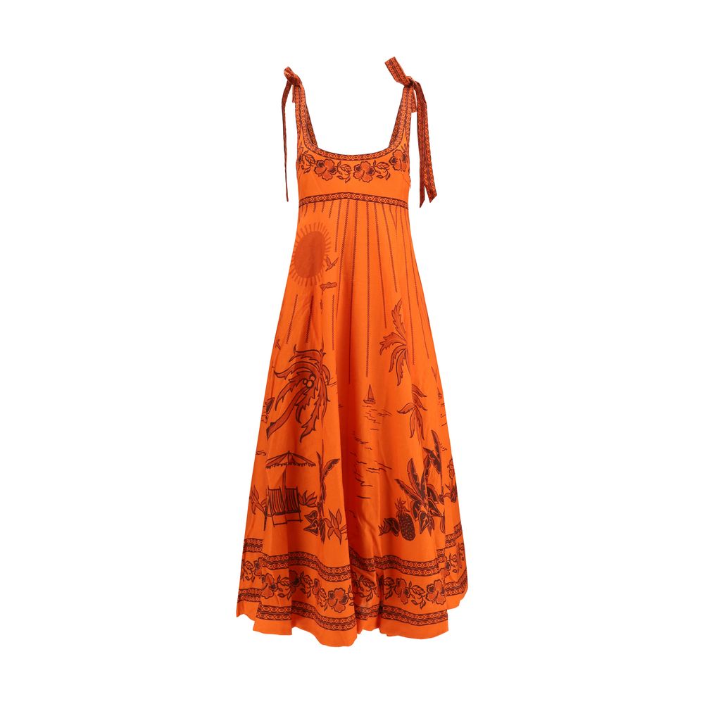 Dress by Alemais for women in linen orange & patterned features an eye catching silhouette with a sophisticated , elegant sleeveless, and a refined midi for a eye catching aesthetic.