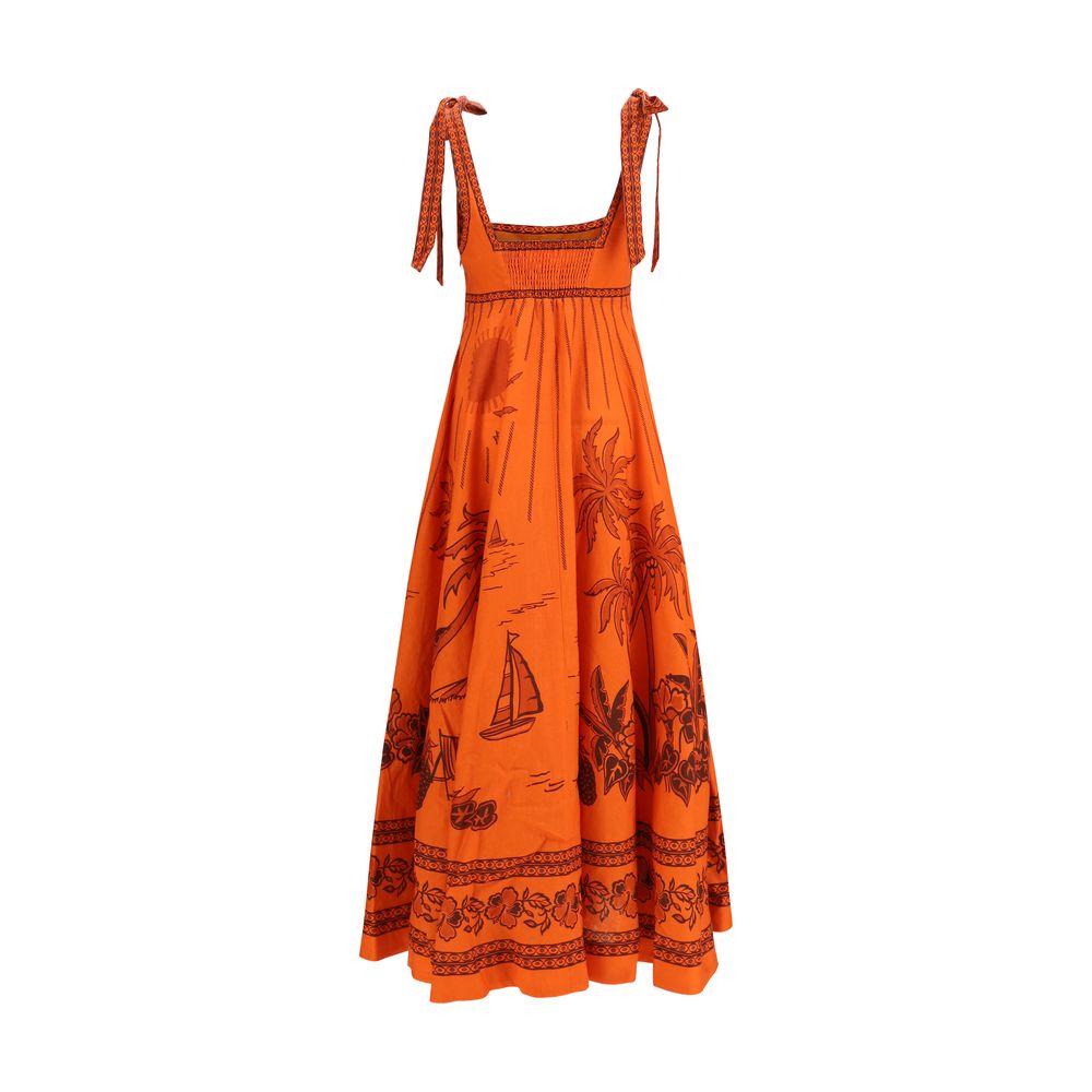 Dress by Alemais for women in linen orange & patterned presents a sinuous silhouette, showcasing a sophisticated and detailed with a sinuous midi for a refined finish.
