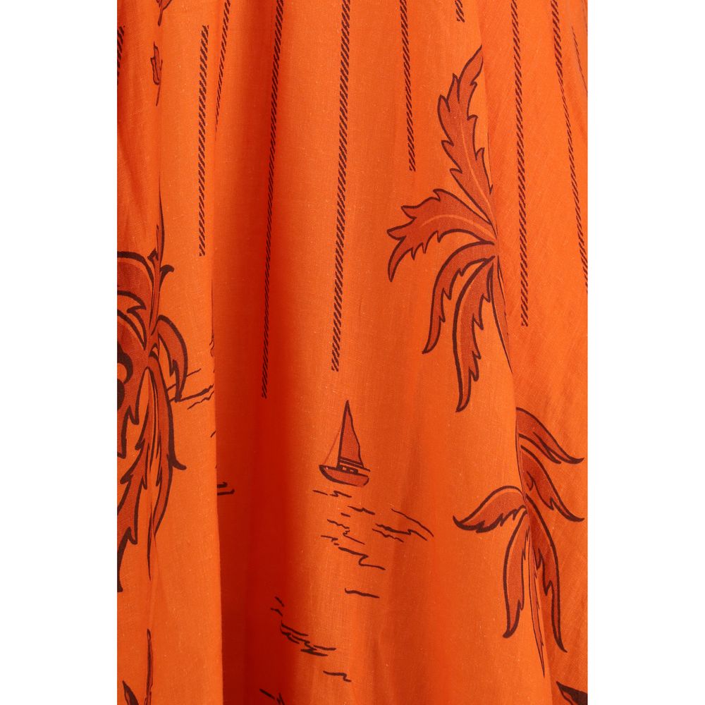 Dress by Alemais for women in linen orange & patterned presents a sinuous silhouette, showcasing a sophisticated and detailed with a sinuous midi for a refined finish.