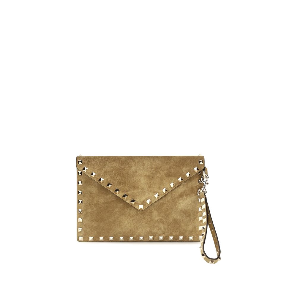 Valentino Garavani Rockstud Suede Leather Envelope Clutch Handbag - Beige