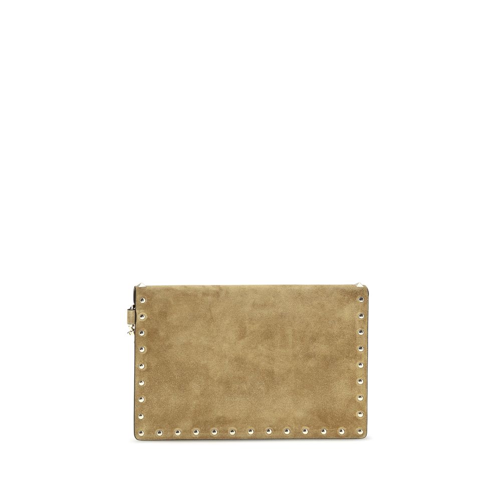Valentino Garavani Rockstud Suede Leather Envelope Clutch Handbag - Beige