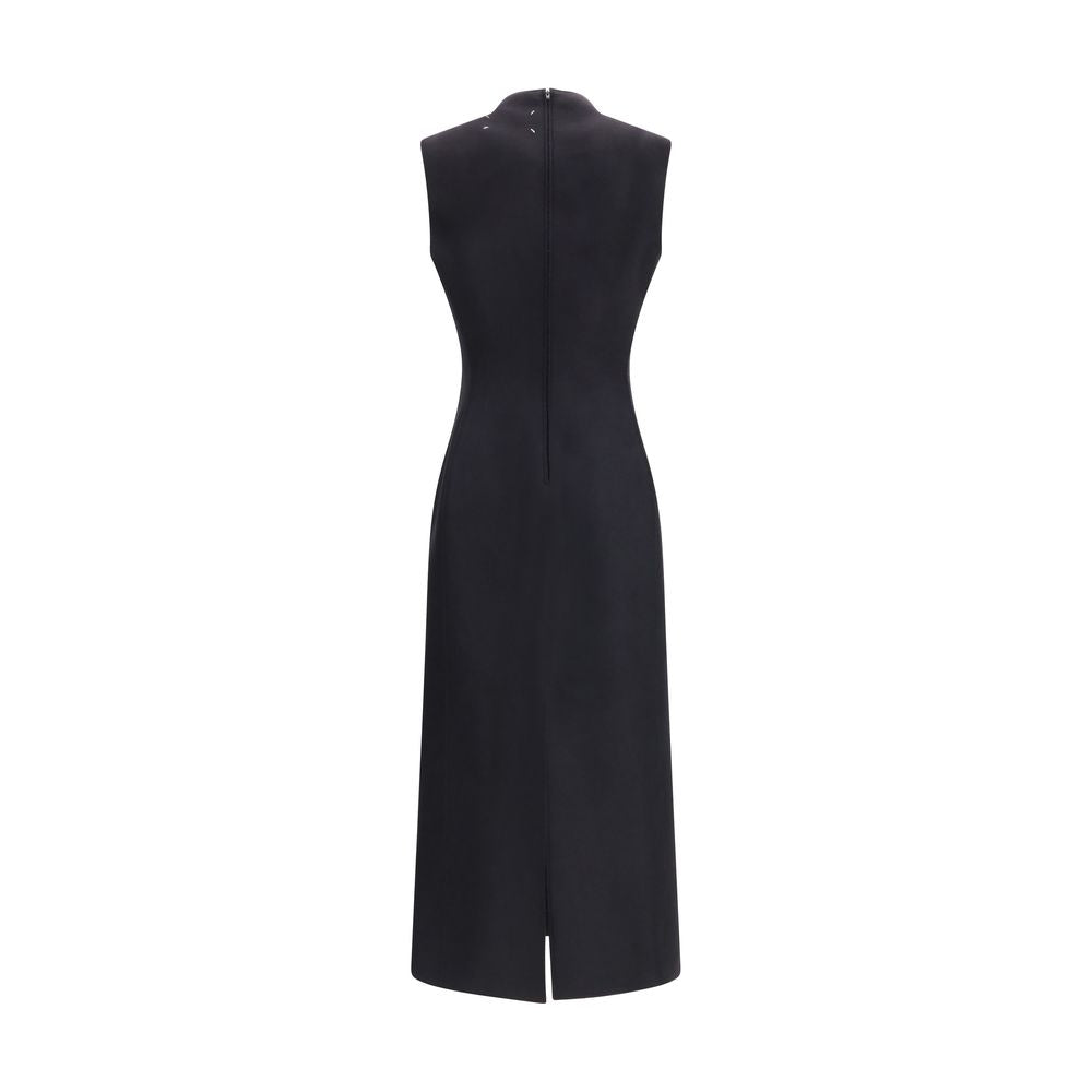 Dress by Maison Margiela for women in virgin wool black & signature presents a sinuous silhouette, showcasing a sophisticated and detailed with a sinuous midi for a refined finish.