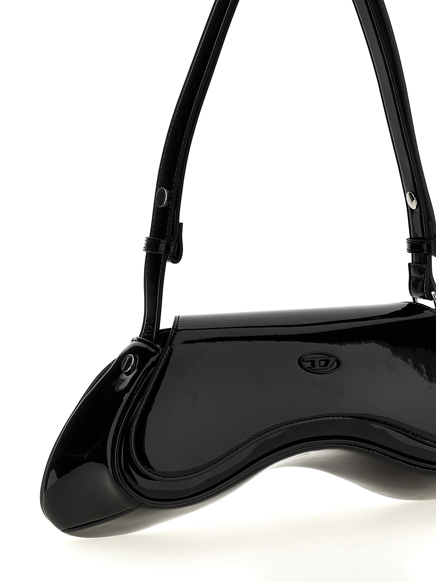 2-in-1 Shoulder & Crossbody Flap Bag by Diesel for women in polyethylene & polyurethane black features an effortlessly chic silhouette with a secure flap & magnetic, ample , and versatile crossbody-strap, shoulder-strap, adjustable-strap & handle for effortlessly chic everyday luxury.