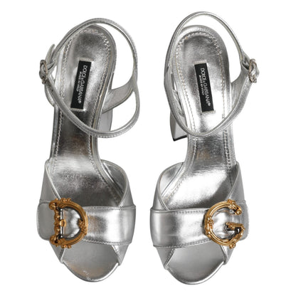 Dolce & Gabbana Silver Logo Ankle Strap Heels Sandals Shoes