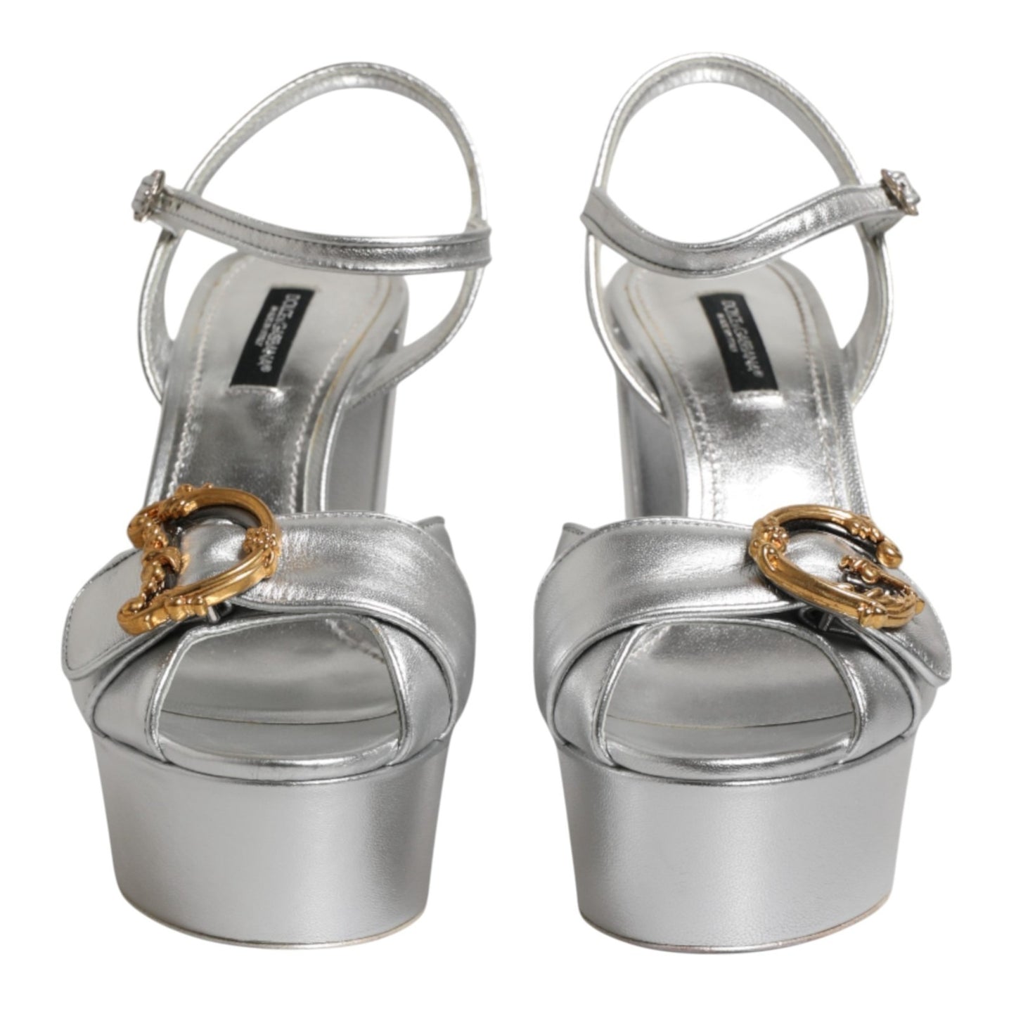 Dolce & Gabbana Silver Logo Ankle Strap Heels Sandals Shoes