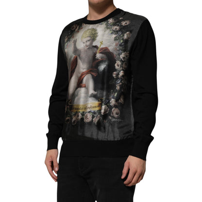 Dolce & Gabbana Men's Crew Neck Cashmere Silk Sweatshirt - Black Signature Print