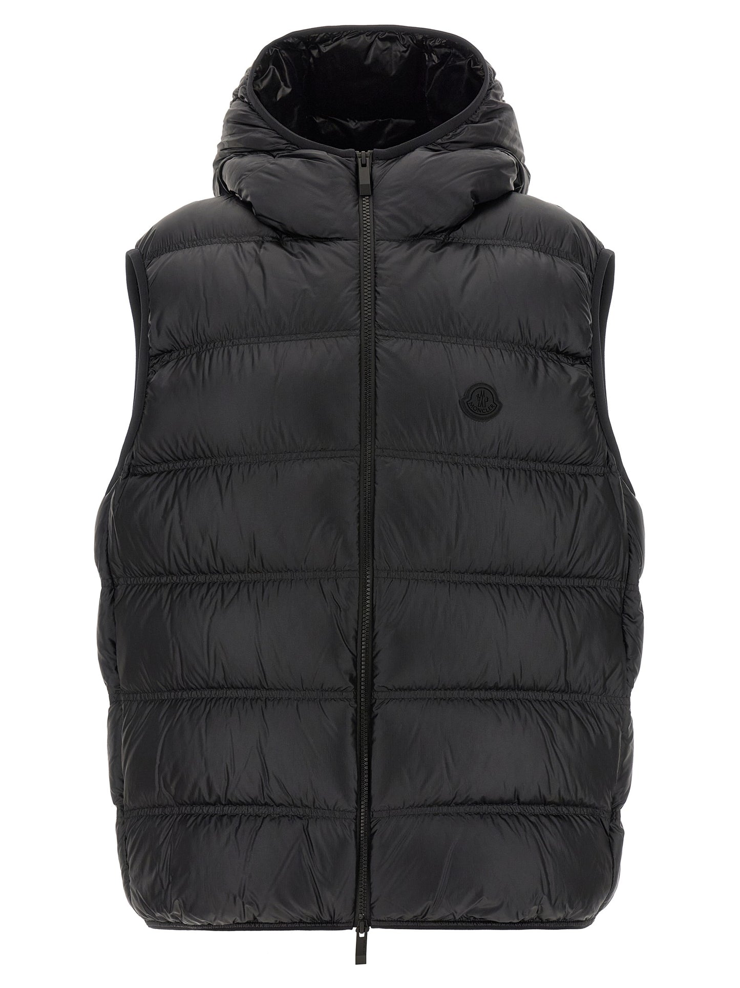 Hooded Vest by Moncler for men in polyamide black features a chic silhouette, expertly detailed with a refined hooded neckline and premium hooded for a truly chic look.