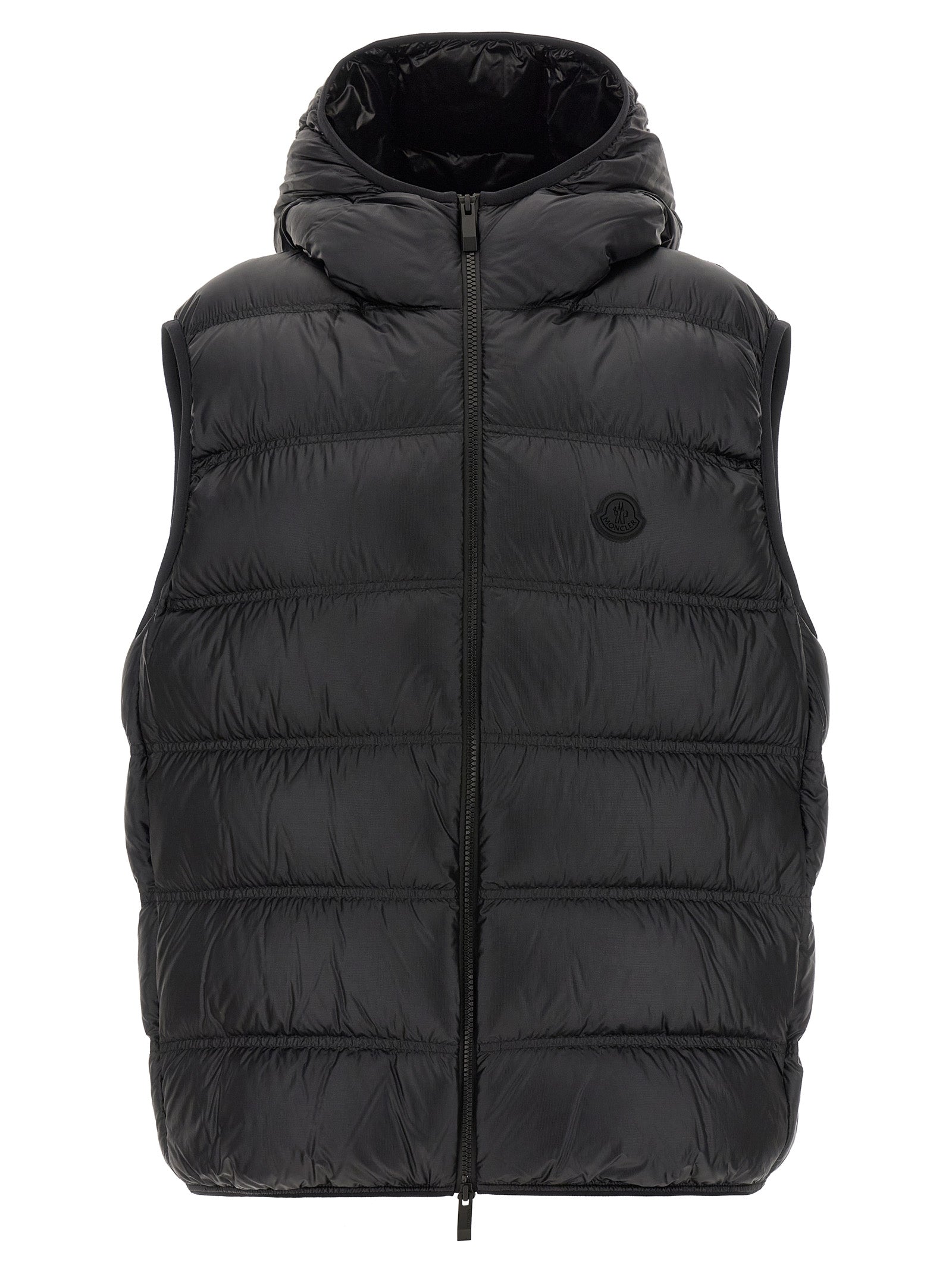 Hooded Vest by Moncler for men in polyamide black features a chic silhouette, expertly detailed with a refined hooded neckline and premium hooded for a truly chic look.