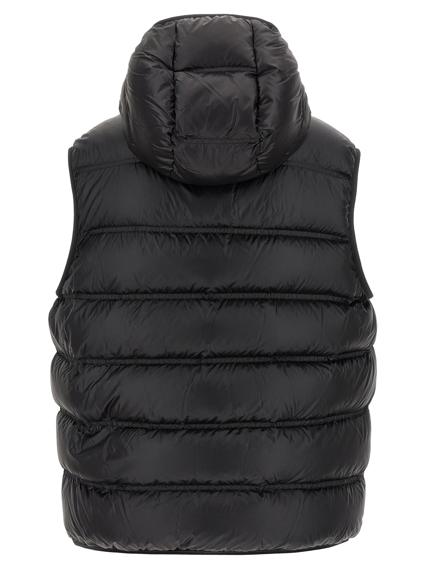 Hooded Vest by Moncler for men in polyamide black showcases a utilitarian silhouette, artfully incorporating hooded and a utilitarian hooded neckline for a truly utilitarian finish.
