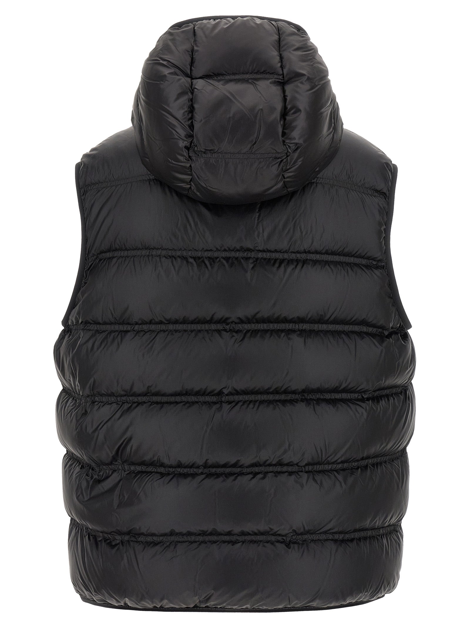 Hooded Vest by Moncler for men in polyamide black showcases a utilitarian silhouette, artfully incorporating hooded and a utilitarian hooded neckline for a truly utilitarian finish.