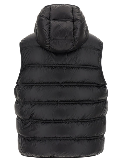 Hooded Vest by Moncler for men in polyamide black showcases a utilitarian silhouette, artfully incorporating hooded and a utilitarian hooded neckline for a truly utilitarian finish.