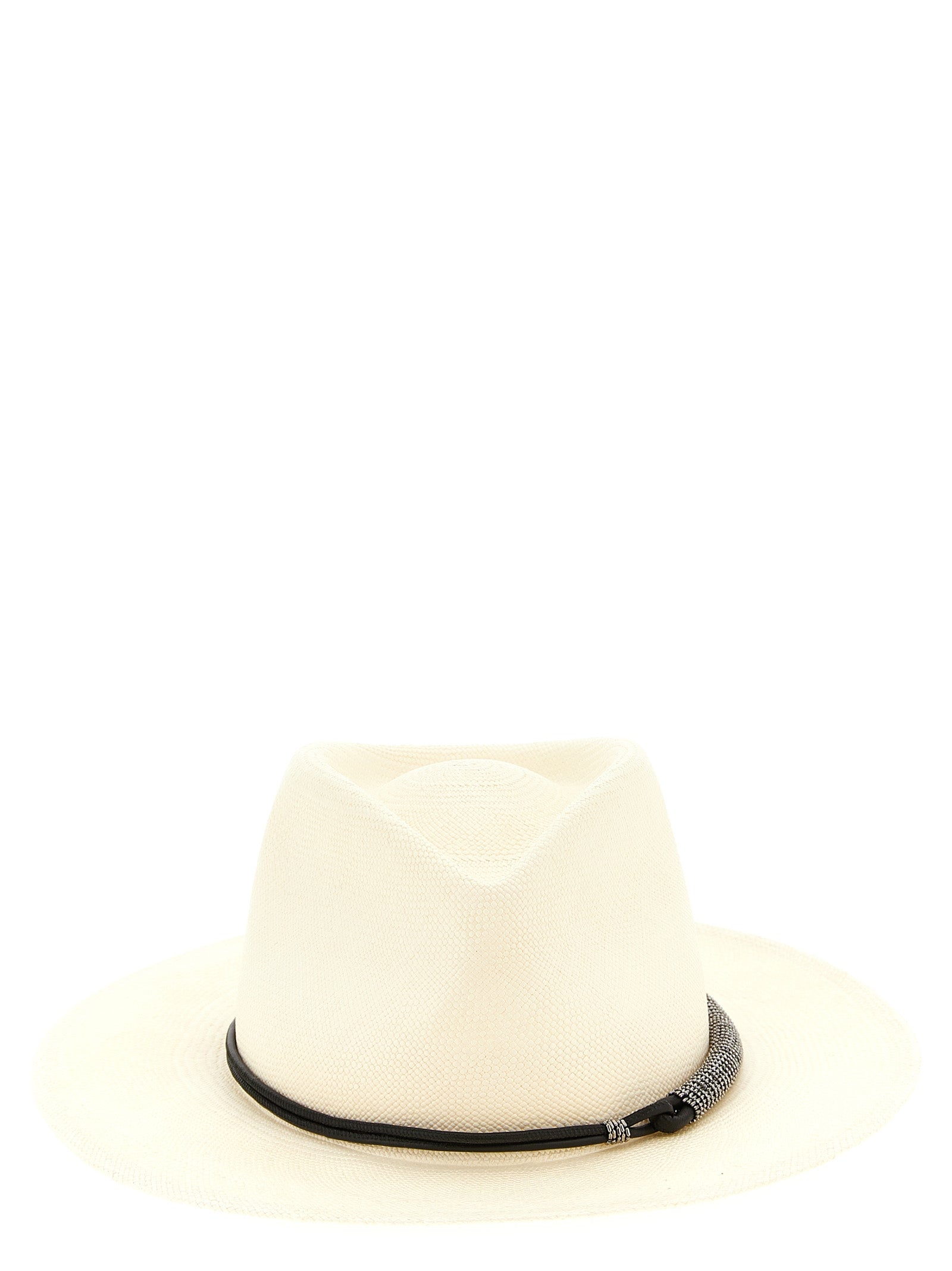 Fedora by Brunello Cucinelli for women in polyamide leather & raffia beige features an avant-garde silhouette, showcasing the sophisticated design of the Fedora Monile Polyamide Leather & Raffia with an avant-garde finish.