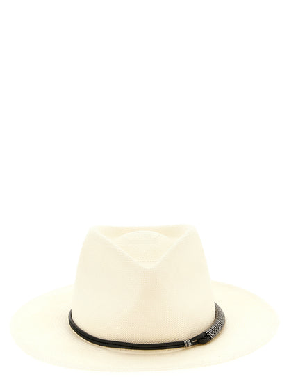 Fedora by Brunello Cucinelli for women in polyamide leather & raffia beige features an avant-garde silhouette, showcasing the sophisticated design of the Fedora Monile Polyamide Leather & Raffia with an avant-garde finish.