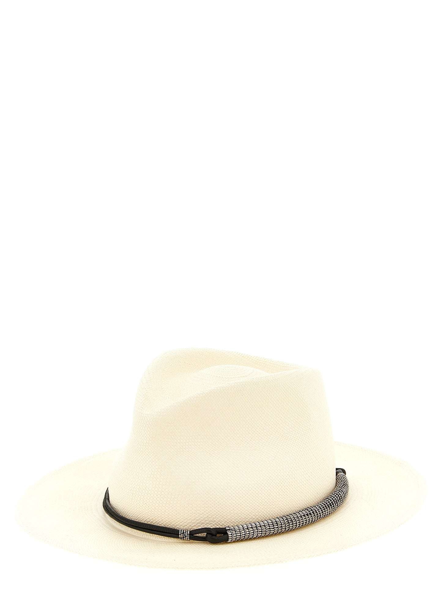 Fedora by Brunello Cucinelli for women in polyamide leather & raffia beige presents a ethereal silhouette, showcasing the ethereal craftsmanship and ethereal aesthetic of the Fedora Monile Polyamide Leather & Raffia collection.