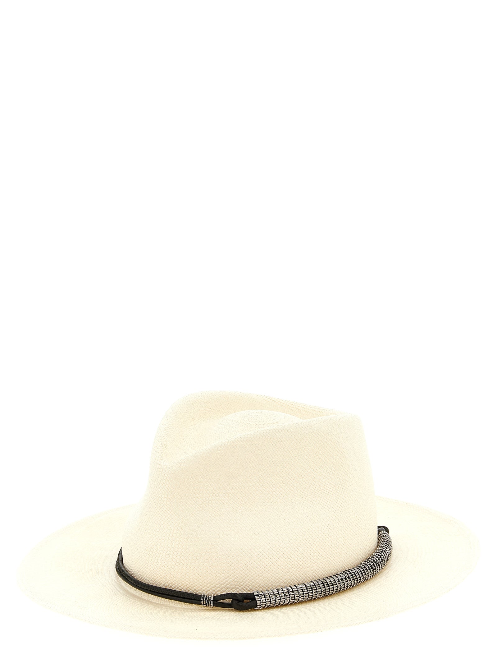 Fedora by Brunello Cucinelli for women in polyamide leather & raffia beige presents a ethereal silhouette, showcasing the ethereal craftsmanship and ethereal aesthetic of the Fedora Monile Polyamide Leather & Raffia collection.
