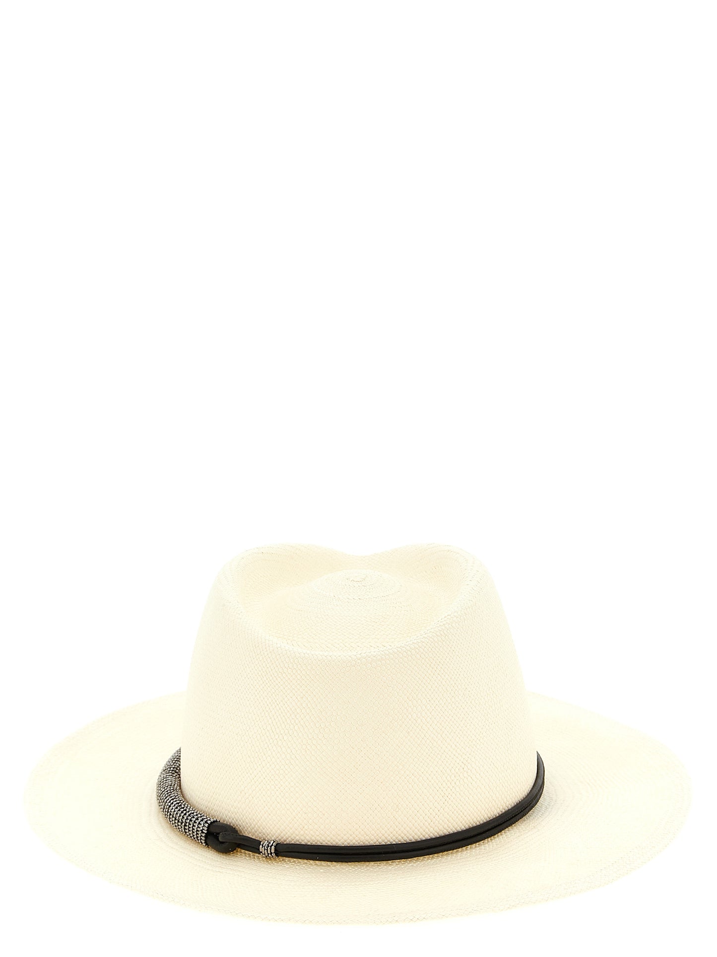 Fedora by Brunello Cucinelli for women in polyamide leather & raffia beige showcases a contemporary chic silhouette, artfully capturing the essence of the contemporary chic Fedora Monile Polyamide Leather & Raffia design for a sophisticated look.