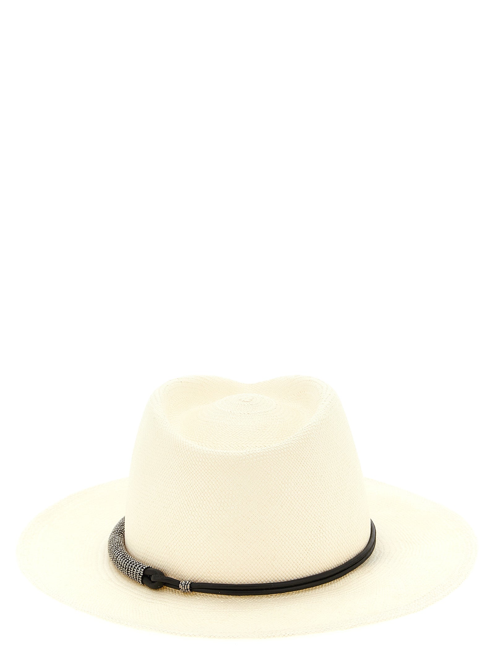 Fedora by Brunello Cucinelli for women in polyamide leather & raffia beige showcases a contemporary chic silhouette, artfully capturing the essence of the contemporary chic Fedora Monile Polyamide Leather & Raffia design for a sophisticated look.