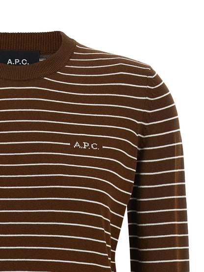 Cardigan by A.P.C. for women in cotton canvas brown, natural & striped presents a textural silhouette, artfully finished with a textural and for a sophisticated, textural look.