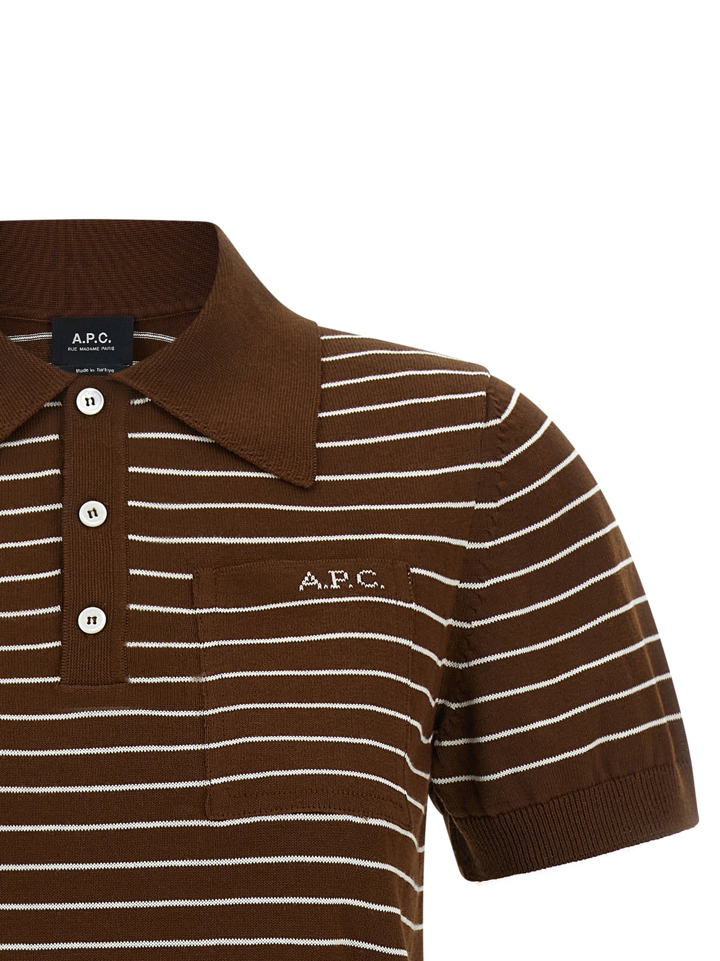 Polo Shirt by A.P.C. for women in cotton brown, pearl & striped presents a crisp silhouette, artfully detailed with a crisp and crisp .