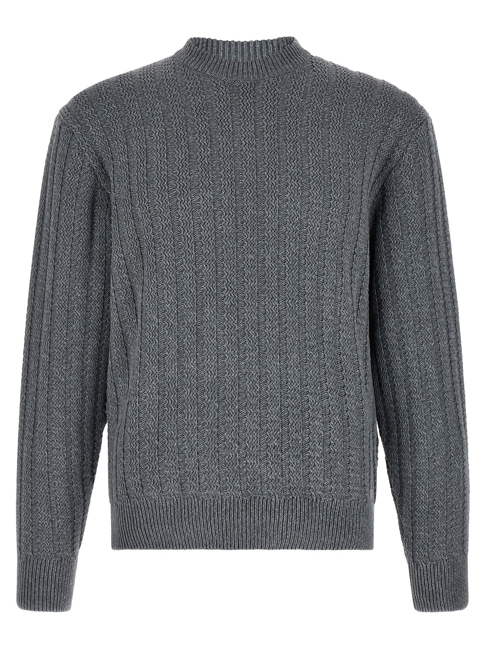 Cardigan by Hugo Boss for men in cotton gray & patterned features a dramatic silhouette, showcasing a sophisticated crew neckline and dramatic detail for a timeless, premium look.