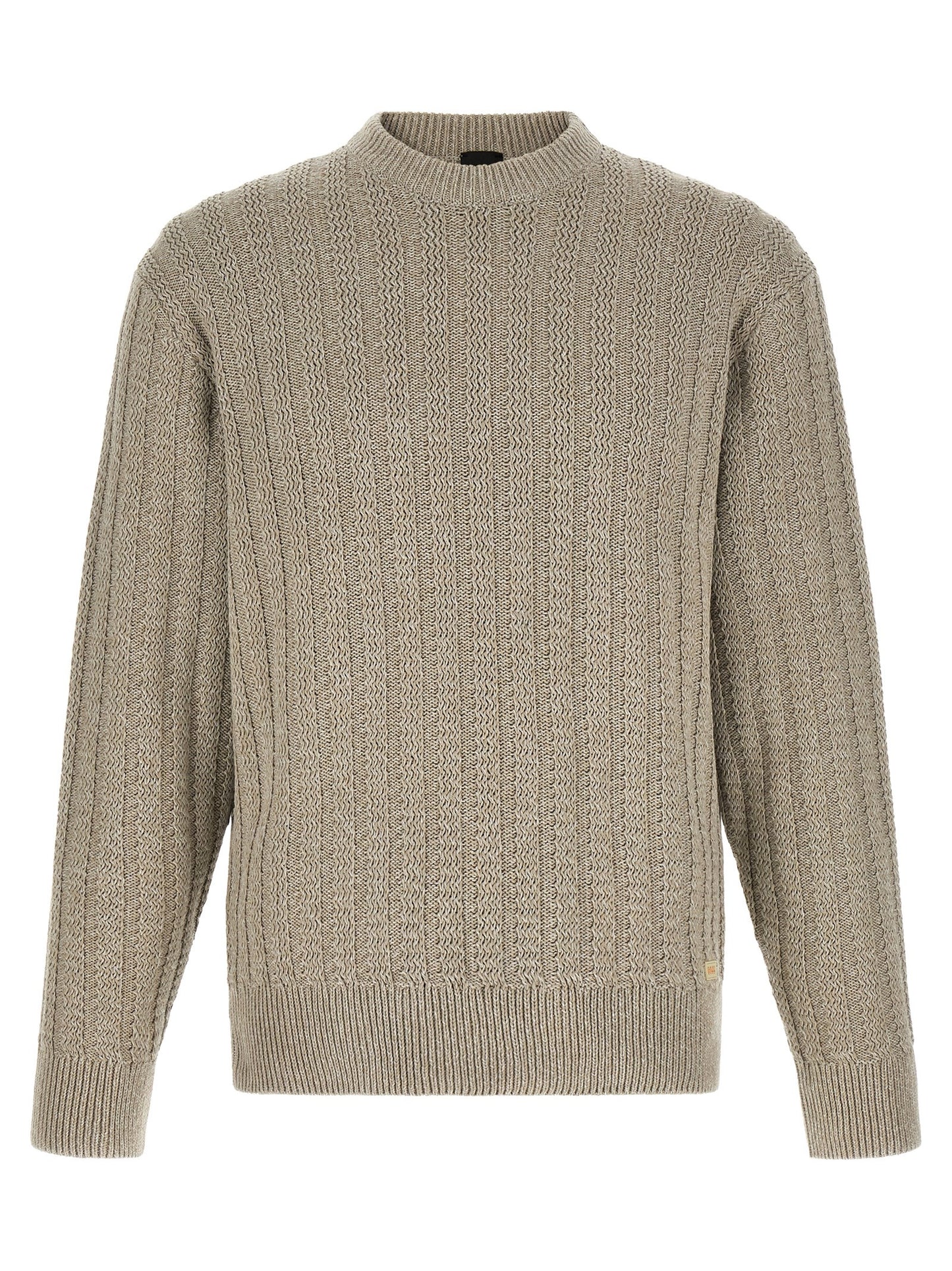 Cardigan by Hugo Boss for men in cotton beige & jacquard features a dramatic silhouette, showcasing a sophisticated and dramatic detail for a timeless, premium look.