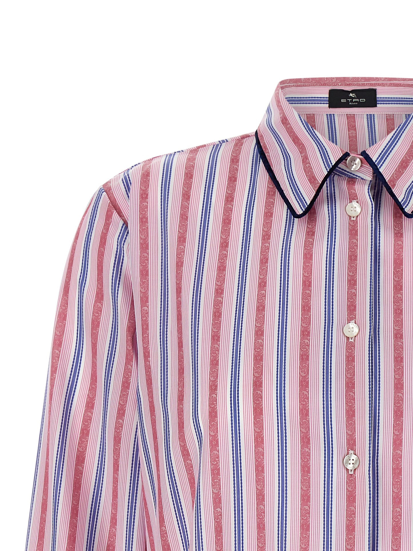 Blouse by Etro for women in velvet cotton blue, multicolor, pink, paisley, jacquard & striped showcases a sharp silhouette, elegantly detailed with a sharp and sharp .